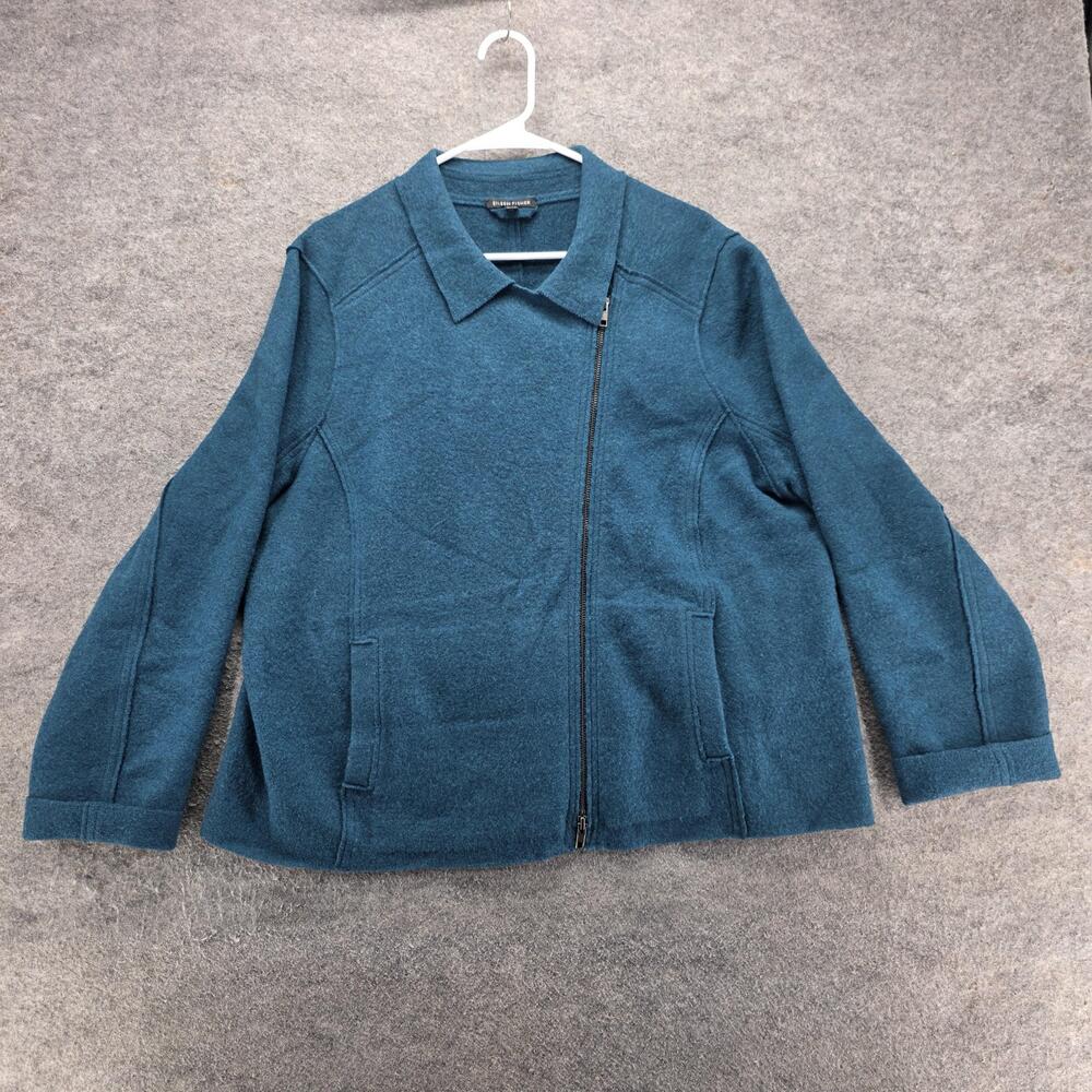 Eileen Fisher Jacket Womens XL Blue Knit Full Zip Collared Pockets Short